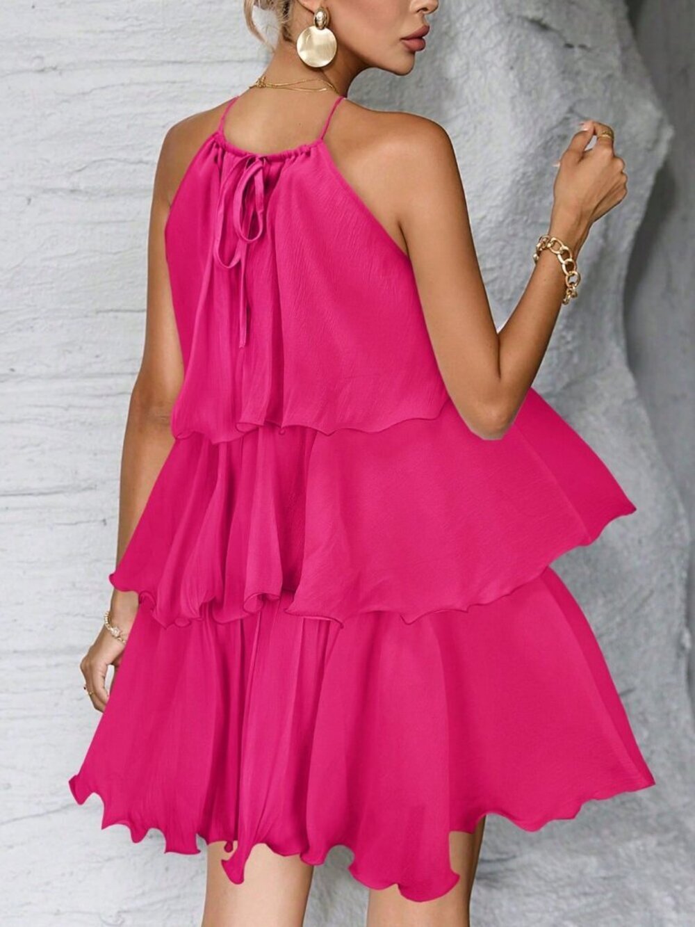 Hot Pink Casual Women's ruffled tiered haltered mini Dress - Picture 3 of 5